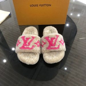 Sendal LV Fur Slippers PO White Pink