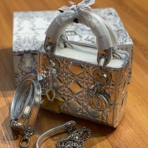 DIOR Lady Metallic Silver Lambskin Leather