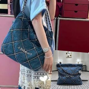 CHANEL 22 Stitched Denim Quilted Tote Bag