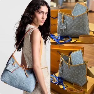 LV Carryall PM Sky Blue Denim Bag Genuine Leather Combination Denim Wash