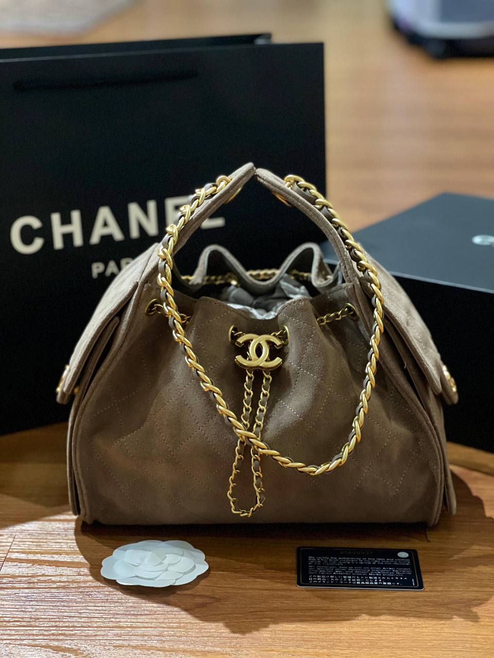 CHANEL C25 in Etoupe Grey Suede Leather Bag GHW