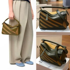 LOEWE PUZZLE Olive Stripe in Calf Suede Leather Bag 24