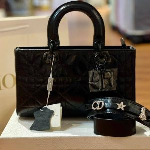 CHRISTIAN DIOR DJOY D~Sire Macrocannage Crinkle Grained Calf Leather Bag “SO BLACK”