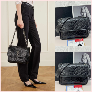 YSL Niki 27cm Crinkled Skin Black Rutenium HW DOUBLE BOX ‼️